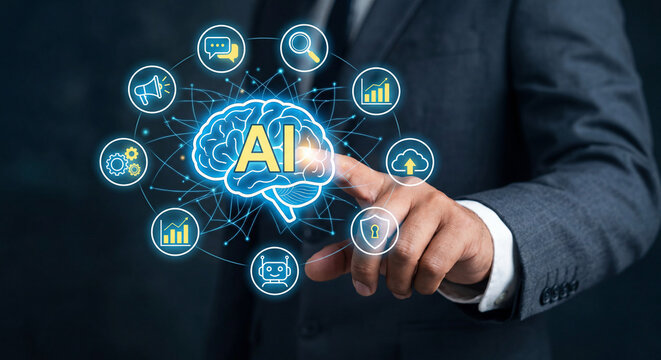 Business man points to glowing AI brain among technology icons in a dark blue digital environment, front view illustration