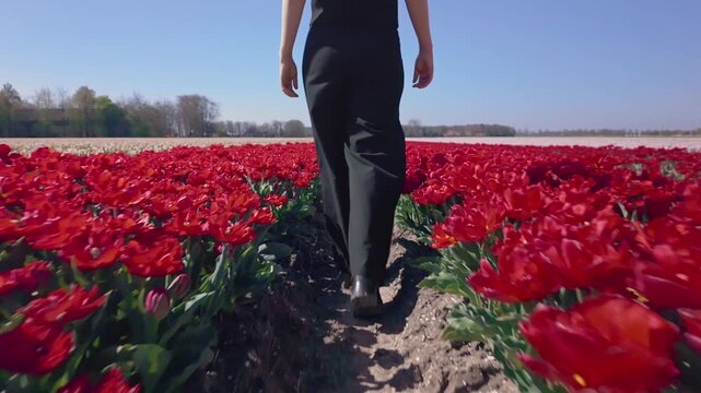 Woman walks forward between rows of red tulips on narrow path, dynamic movement, close perspective, spring agriculture landscape, outdoor activity.