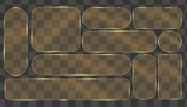 Set of glassmorphism buttons and frames with golden glowing light borders