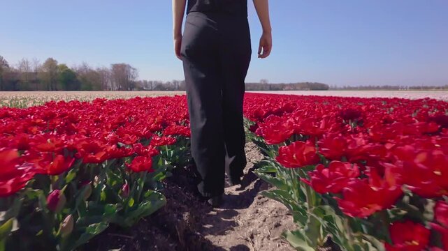 Close view of feet walking through red tulip rows along dirt path, continuous motion, outdoor spring scene, agricultural flower field detail.