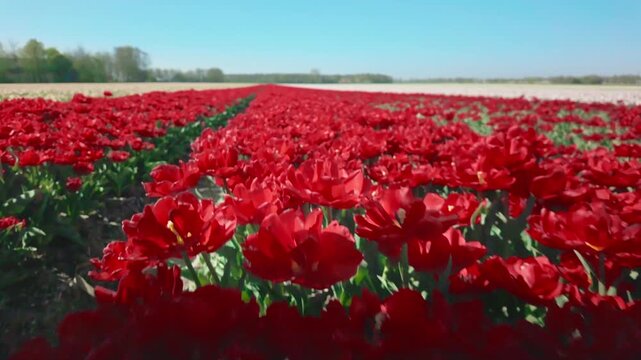 Hand glides over dense red tulips in field while moving forward, soft contact with flowers, spring bloom, outdoor lifestyle, natural sensory moment.