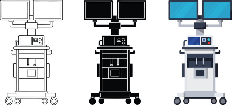 Medical workstation with dual monitors presented in flat design line art and silhouette styles ideal for healthcare technology and diagnostic illustrations