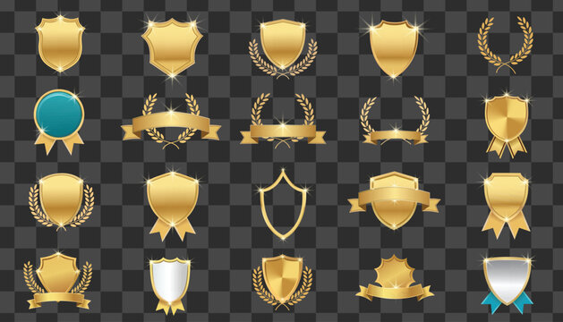 Set of golden shields, badges, ribbons, and laurel wreaths for awards and emblems