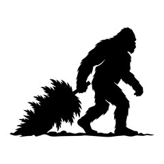 Fototapeta premium Bigfoot Holding Christmas Tree Silhouette