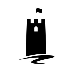 Fototapeta premium Castle tower with flag icon. Black silhouette. Front and side view. Vector simple flat graphic illustration. Isolated object on a white background.