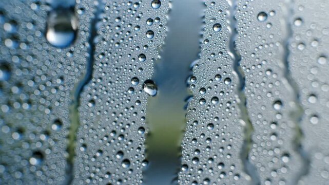 Condensation on glass creates a hazy, atmospheric texture of soft light streaks and blurred droplets, evoking humidity and refreshing coolness in an abstract close-up.
