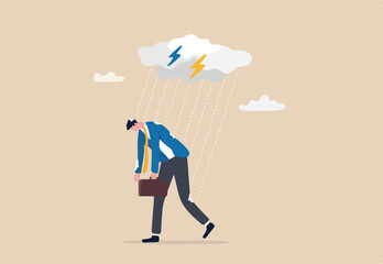 Having bad day, disappointed work, discourage or depression, failure feeling bad or difficulty, having problem and trouble concept, depressed wet businessman walking in raining thunderstorm