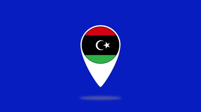 Libya flag gps location pin marker animation bouncing on a blue background