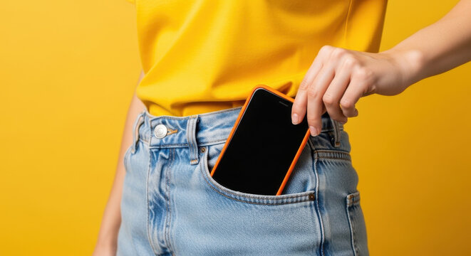 Close up cropped photo shot young woman int-shirt casual clothes hold put into pocket mobile cell phone with blank screen workspace area isolated on plain yellow orange background Lifestyle concept 