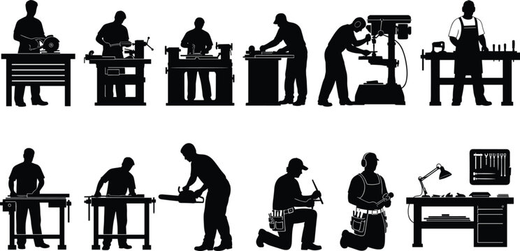 Set of twelve carpenter and woodworker silhouettes operating power tools, saws, and drills at workbenches, professional woodworking craftsmanship on white background