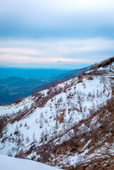 Po Valley panorama, seen from the Bielmonte alpine peak (Biella Province, Piedmont Region, Northern Italy). In the background, the peak of Monviso mountain. © stefanopez