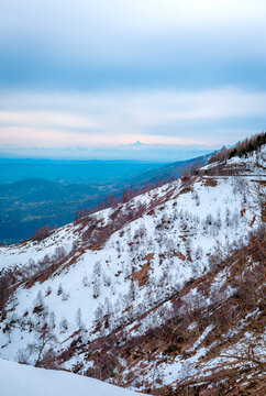 Po Valley panorama, seen from the Bielmonte alpine peak (Biella Province, Piedmont Region, Northern Italy). In the background, the peak of Monviso mountain.