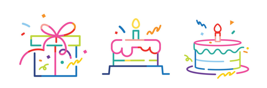 Birthday banner, poster and greeting card design with gift, cake and pie in colorful flat geometric style, minimal line art illustration with playful confetti on a bright white background