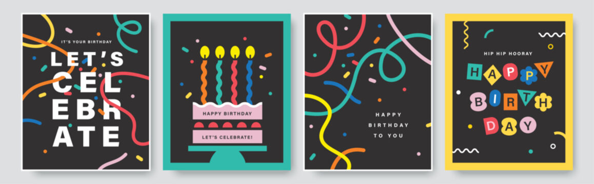 Birthday celebration poster set with cake, candles, confetti, ribbons, party icons and bold typography in flat geometric style, colorful modern greeting card templates for festive events.