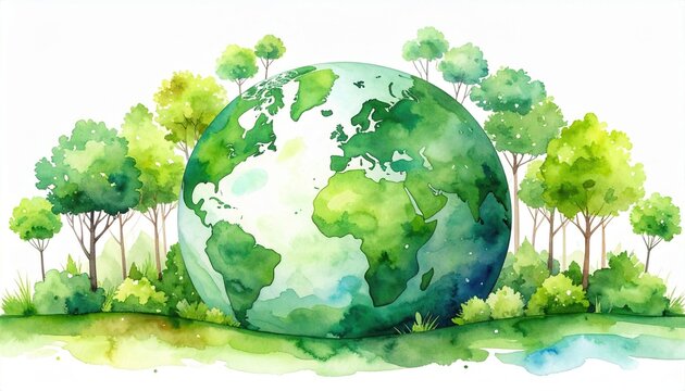 Eine wundersch&ouml;ne Aquarell-Illustration des Planeten Erde, umgeben von gr&uuml;nen B&auml;umen und Natur, die Umweltschutz und Nachhaltigkeit symbolisiert.