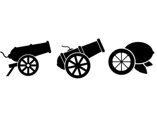 Fototapeta premium Three black silhouette illustrations featuring two traditional cannons and a third whimsical cannon firing a large lemon.