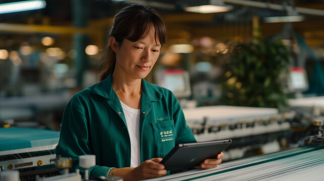 Factory floor with transparent glass walls reveals textile workers operating Fair Trade certified looms while quality inspector reviews traceability documentation on tablet, natural daylight illumin