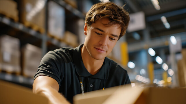 Employee restocking shelves in windowless dark store fulfillment center lit by LED strips with robotic picking arms visible in background aisles, perfect for online grocery logistics keywords, and c