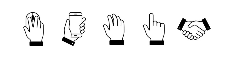 Obraz premium Minimalist black and white line art icon set featuring hand gestures for technology and business, including computer mouse use, holding a smartphone, pointing, and a handshake.
