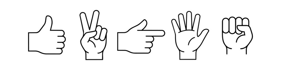 Collection of minimalist hand gesture icons in black line art. Includes thumbs up, peace, pointing, palm, and fist symbols for communication and UI design. © Nort Kor