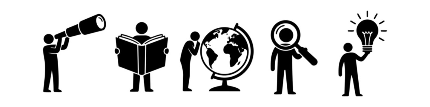A set of five minimalist black icons featuring stick figures that symbolize discovery, learning, global exploration, analysis, and innovation, perfect for business and educational presentations.
