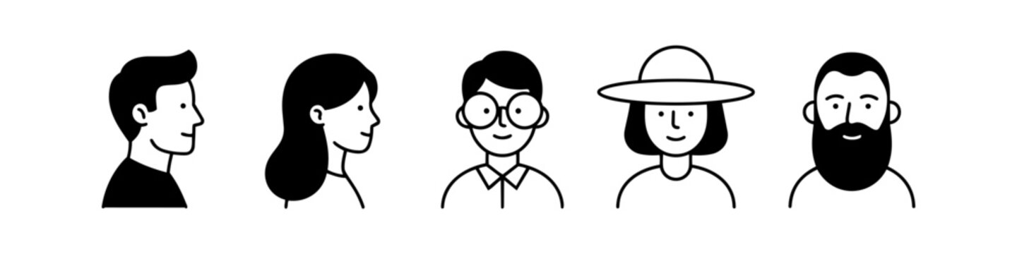 Set of minimalist line art avatars of a diverse group of people. Five black and white icons featuring men and women with various hairstyles, glasses, a beard, and a hat.