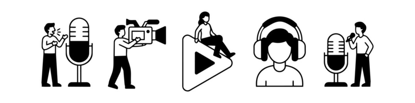 Set of black and white vector icons for media production, podcasting, and content creation. Features illustrations of people with microphones, cameras, and headphones in a minimalist style.