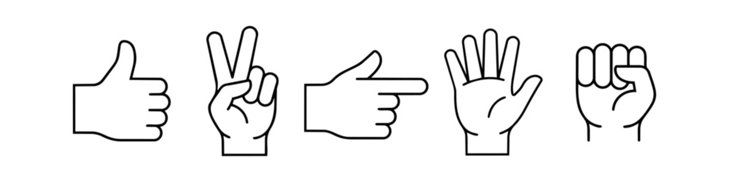 Collection of minimalist hand gesture icons in black line art. Includes thumbs up, peace, pointing, palm, and fist symbols for communication and UI design.