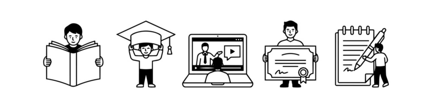 Set of five line icons representing the education journey, including reading, graduating, online learning, receiving a diploma, and taking notes. Minimalist vector illustration on white.