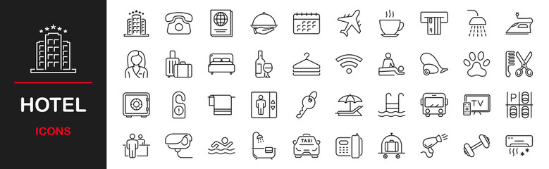 Hotel web icons set. Hotel and vacation - simple thin line icons collection. Containing hotel services, relax, travel, service, room, booking, facilities  and more. Simple web icons set © mi-vector