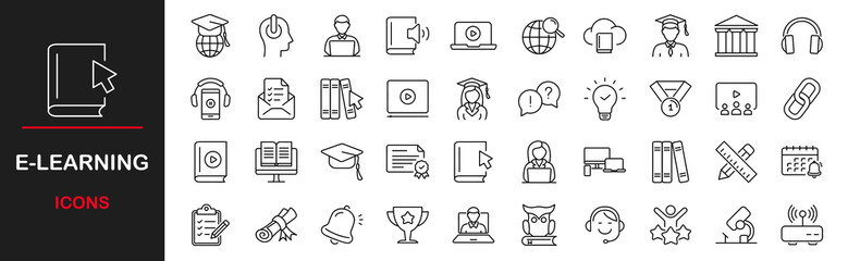 E-learning web icons set. Online education - simple thin line icons collection. Containing video tuition, digital education, learning, online course, website, webinar and more. Simple web icons set