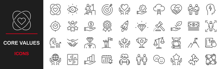 Core values web icons set. Core value - simple thin line icons collection. Containing goals, responsibility, performance, accountability, will to win, quality, teamwork and more. Simple web icons set