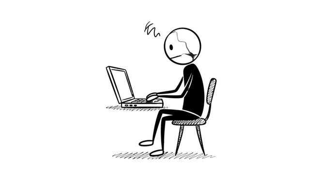a man sitting at a desk with a laptop looking stressed.