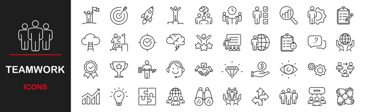 Business teamwork web icons set. Team work - simple thin line icons collection. Containing Co-worker, work group cooperation and collaboration, team building, and human resources and more