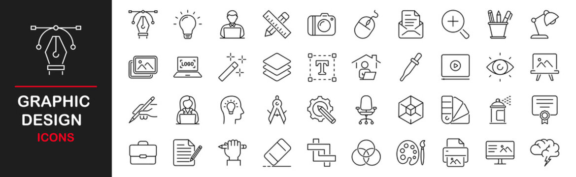 Graphic design web icons set. Web design - simple thin line icons collection. Containing creative process, paintbrush, prepress, palette,  digital creative tool, layout and more. Simple web icons set