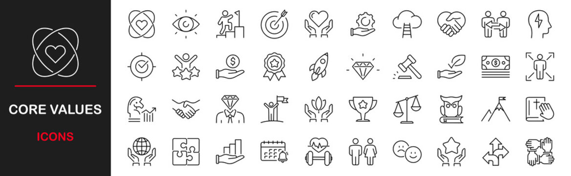 Core values web icons set. Core value - simple thin line icons collection. Containing goals, responsibility, performance, accountability, will to win, quality, teamwork and more. Simple web icons set