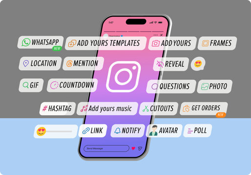 Instagram Story interface badge. Stories tool sticker. notification icons, Blogging set. Location, mention, avatar, poll, countdown, link, quiz hashtag, music icons. Vector illustration.	