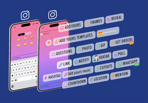 Instagram Story interface badge. Stories tool sticker. notification icons, Blogging set. Location, mention, avatar, poll, countdown, link, quiz hashtag, music icons. Vector illustration.