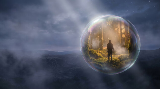 Man standing inside a glowing bubble in a misty, mountainous landscape