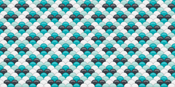 Abstract seamless pattern.  Stylish teal, white, and gray overlapping circles create a textured, fishscale design ideal for backgrounds, website banners, or textile prints.