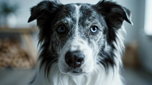 Close up view of a stunning blue-eyed border collie dog staring intently at the camera in a room.