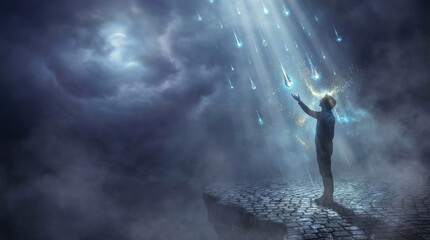 Fototapeta premium Man reaching up to catch glowing raindrops under a stormy, moonlit sky
