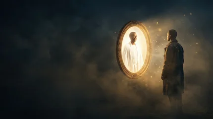 Poster Reflectie Man sees his enlightened self reflected in a glowing ornate mirror  © Александр Михайлюк