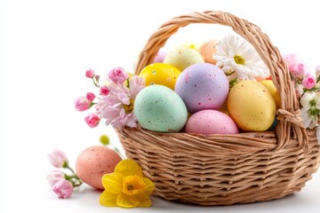 Obraz premium Colorful Easter Eggs in a Wicker Basket With Flowers for Spring Celebration