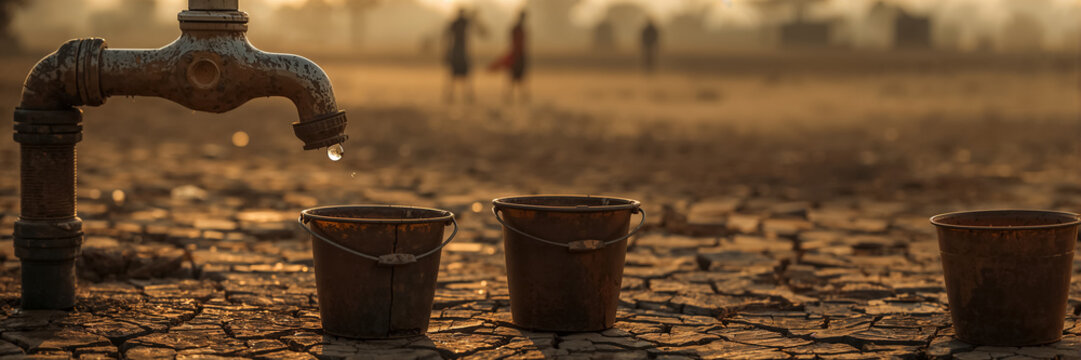 A tap with water and an old bucket on the ground in an African village