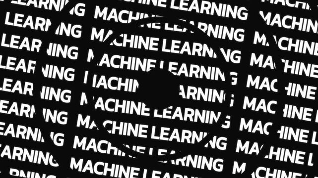 Rotating circular text animation displaying machine learning term arranged in concentric motion with central empty space for overlay content.