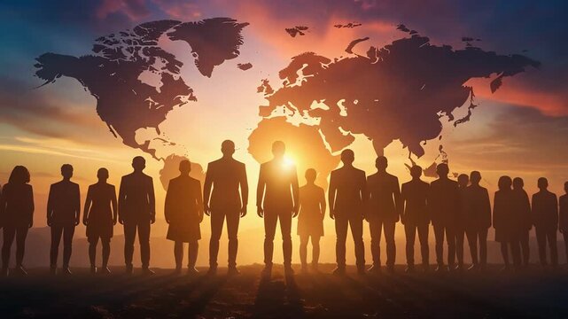 Group of people silhouetted against glowing world map at sunrise symbolizing global cooperation and shared future