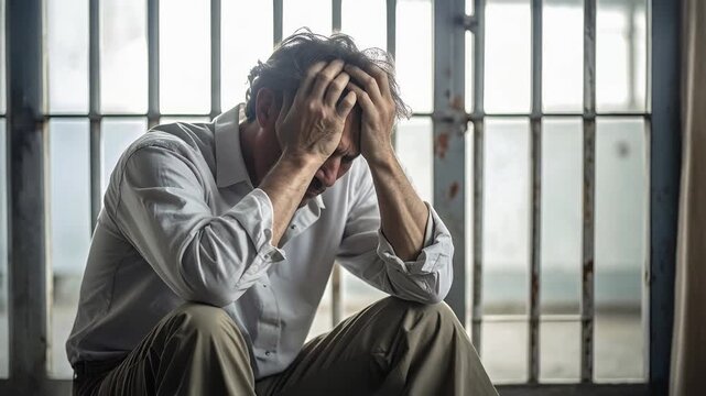 Man sitting in jail cell holding head expressing despair mental stress and incarceration hardship