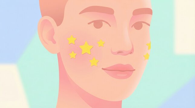 Illustration of a person using yellow star patches on their face. Promotes skin positivity and creative self care. Useful for beauty tutorials or skincare articles.