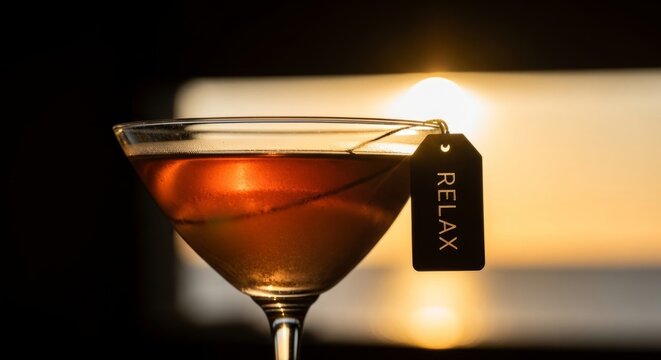 Elegant cocktail with relax tag at sunset in stylish bar